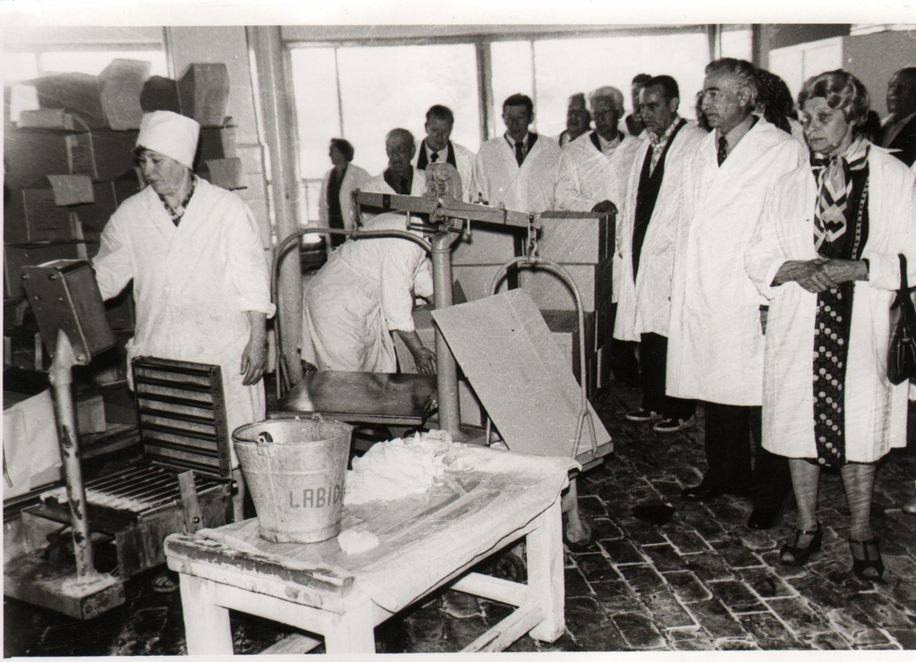 ENSV piimandusveteranide IV kokkutulek Viljandis. Veteranid tutvuvad Viljandi PTK tootmisruumidega.