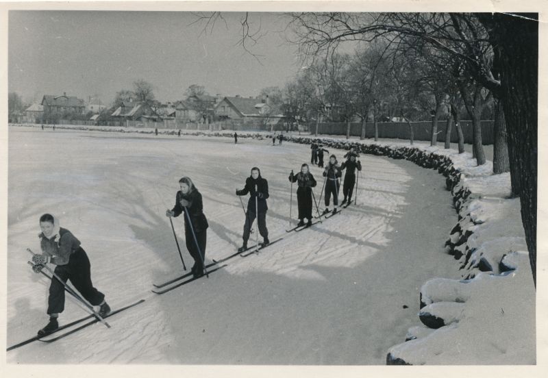 Foto. Haapsalu pedagoogilise kooli 1. kursuse õpilased kehakultuuritunnis. 1954. Fotogr. V. Gorbunov. ETA.