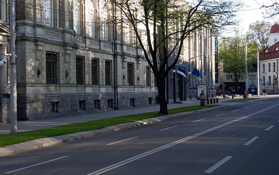 Tallinn. Military cars in front of the Ministry of Finance building rephoto