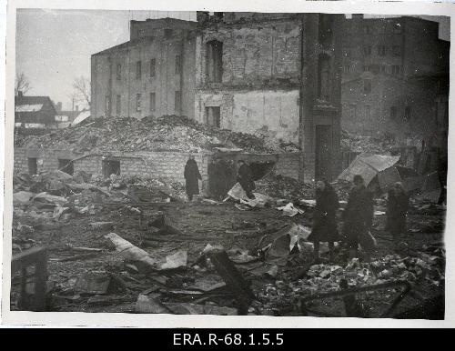 View of the ruins and ruins filled on the Kalamaja Street with broken buildings on the day following the March bombing