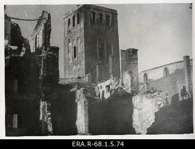 The consequences of the 9th March bombing in Tallinn: the view of the tower of the Niguliste Church between the ruins of Harju Street  duplicate photo