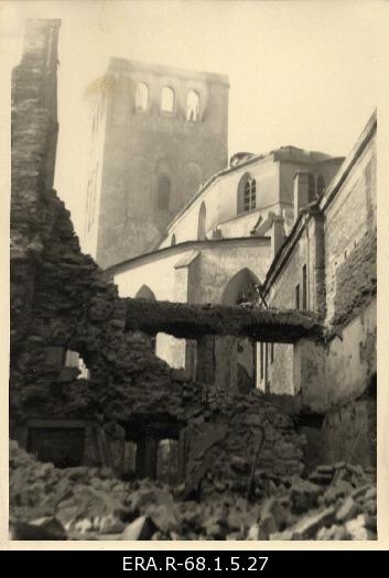 Consequences of March bombing in Tallinn: view of the tower destroyed to the Niguliste Church through the ruins of Harju Street