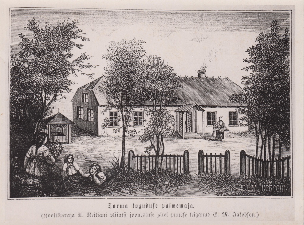 Torma koguduse palvemaja. A. Reiliani joonistuse järgi E. M. Jakobsoni puugravüür.