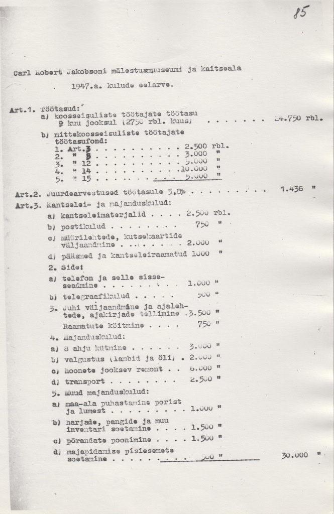 C. R. Jakobsoni Talumuuseumi asutamisega seotud kirjavahetus. C. R. Jakobsoni mälestusmuuseumi  ja kaitseala 1947. a. kulude eelarve. Esimene osa.