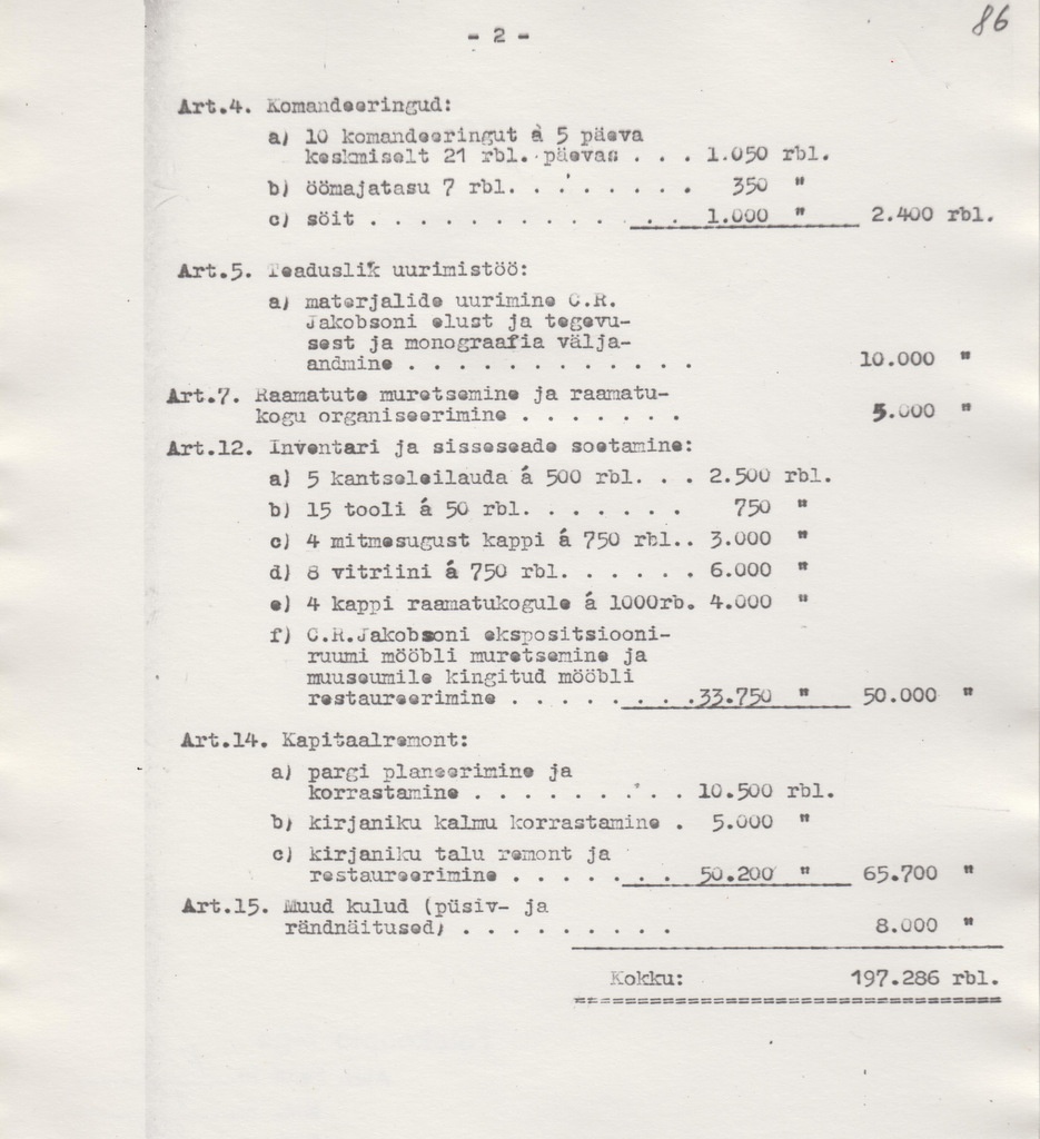 C. R. Jakobsoni Talumuuseumi asutamisega seotud kirjavahetus. C. R. Jakobsoni mälestusmuusemi ja kaitseala 1947. a. kulude eelarve. Teine osa.