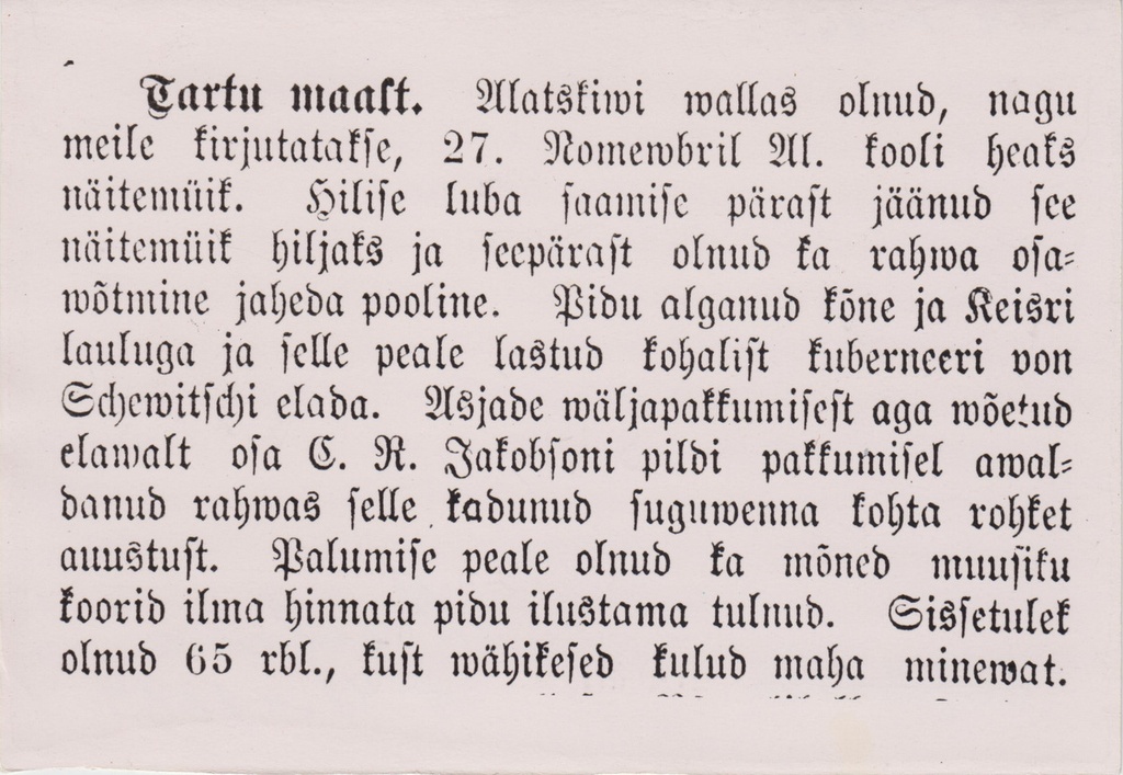 Sõnum "Tartu maalt" ajalehest Virulane No 48 1883.