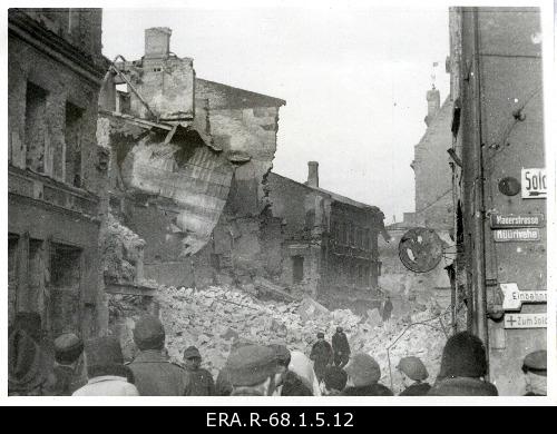View with broken buildings on the day following the March bombing on Harju Street