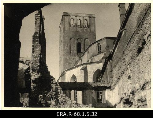 Consequences of March bombing in Tallinn: view of the tower destroyed to the Niguliste Church from Harju Street