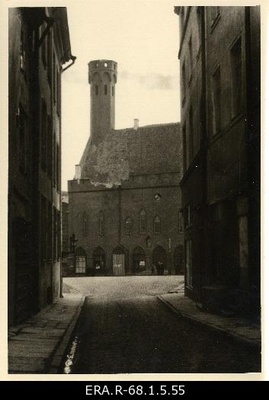 Consequences of March bombing in Tallinn: view of the building of the Raekoja tower destroyed from Pikalt Street through Mündi Street  duplicate photo