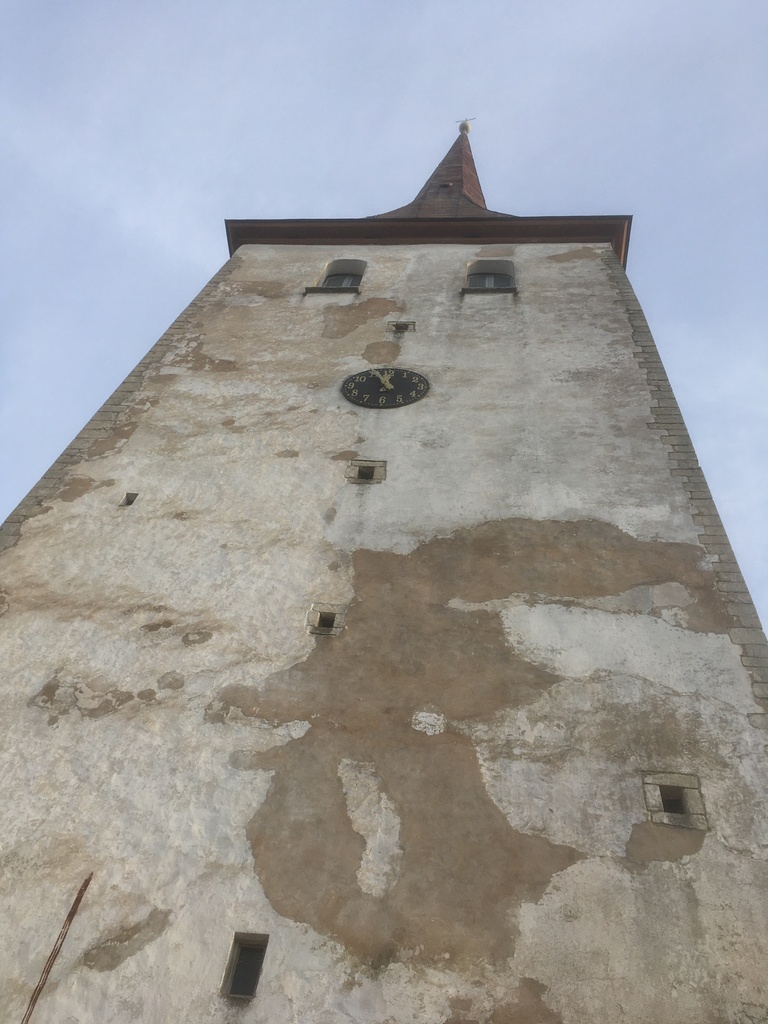 Rakvere Trinity church tower - Looking up the church tower from Pikk street.