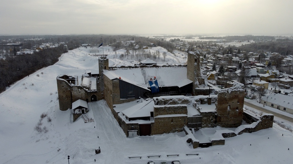 Aerial view of Rakvere castle in winter of 2022