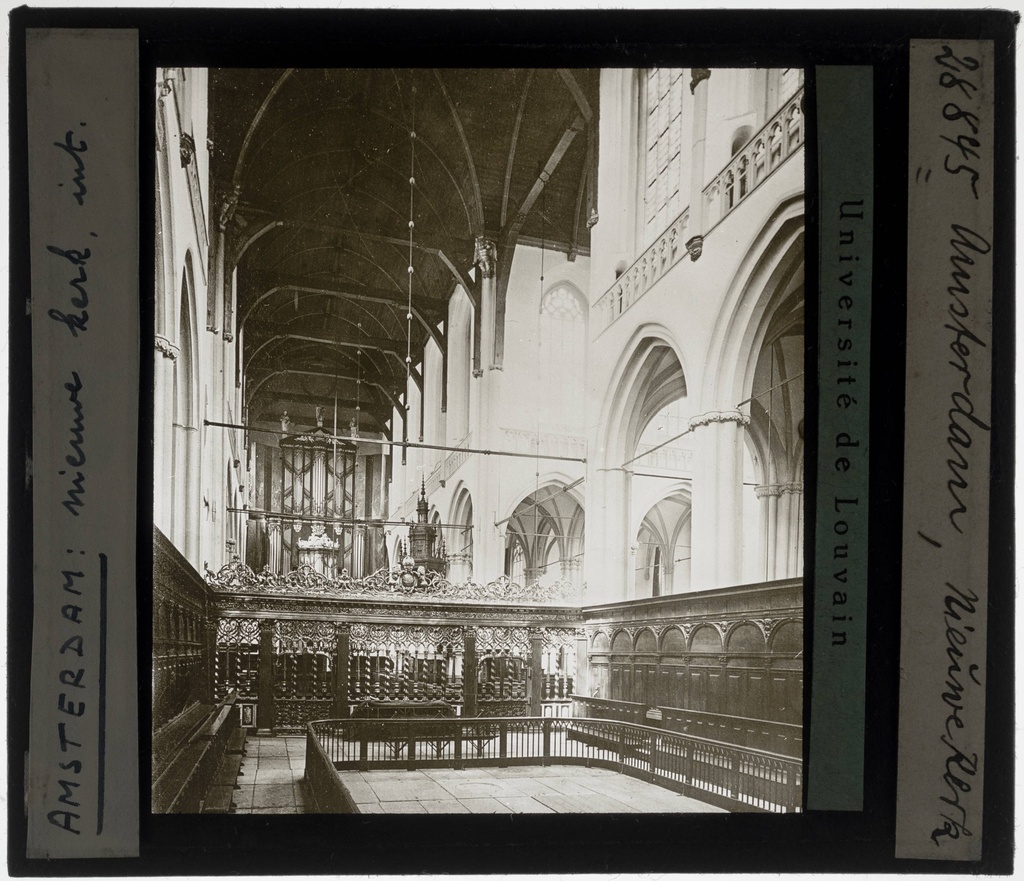 Amsterdam. Nieuwe Kerk Interior: View of the main organ from the choir - KU Leuven. Glass slides art history. Université de Louvain, between 1839 and 1939. Photographer unknown. Added information on slide. Movement / Style: Gothic, Renaissance. Creation/Building: 15th century. Current location: Netherlands, Amsterdam, Dam 12. EuroPhot. Art History. 15th century. Architecture. Building. EuroPhot. Art history. 15th century. Architecture. Building.
