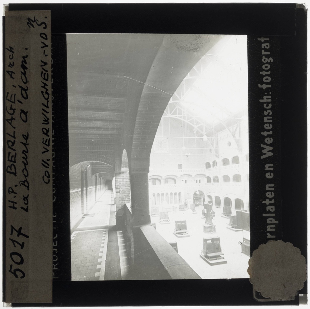 Amsterdam. Beurs van Berlage Interior: Corridor with arcades - KU Leuven. Glass slides landscape, architecture and design. Université de Louvain, between 1839 and 1939. Photographer unknown. Added information on slide. Current location: Netherlands, Amsterdam, Damrak and Beursplein. Current/Methods: Rationalism. Creation/Building: 1898-1903. EuroPhot. Art History. 19th century. Architecture. Building. EuroPhot. Art history. 19th century. Architecture. Building. EuroPhot. Social history. 19th century. Architecture. Building. EuroPhot. Social history. 19th century. Architecture. Building.