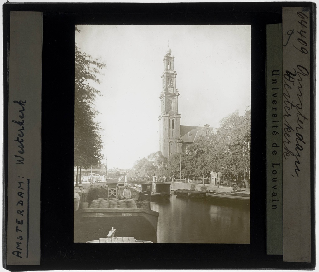 Amsterdam. Westerkerk Exterior: View of the south facade from the Prinsengracht - KU Leuven. Glass slides art history. Université de Louvain, between 1839 and 1939. Photographer unknown. Added information on slide. Current / Style: Renaissance. Creation/Building: 1620-1631. Current location: Netherlands, Amsterdam, Prinsengracht 279-281. EuroPhot. Art History. 17th century. Architecture. Building. EuroPhot. Art history. 17th century. Architecture. Building.