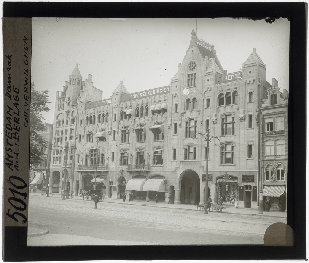 Amsterdam. Office building of the General Society for Life Insurance and Annuities Exterior: Frontage - KU Leuven. Glass slides landscape, architecture and design. Université de Louvain, between 1839 and 1939. Photographer unknown. Added information on slide. Building was demolished after a fire in 1963. Original location: Netherlands, Amsterdam, Damrak. Current/Methods: Rationalism. Creation/Building: 1893. EuroPhot. Art History. 20th century. Architecture. Building. EuroPhot. Art history. 20th century. Architecture. Building. EuroPhot. Social history. 20th century. Architecture. Building. EuroPhot. Social history. 20th century. Architecture. Building.