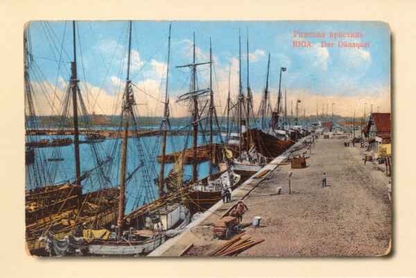 Postkaart. Riia. Purjelaevad sadamas kai ääres