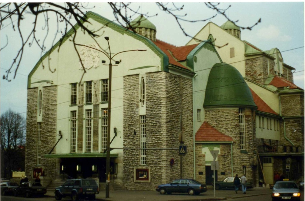 Jugendstil Estonian Drama Theatre - Eesti Draamateater, Tallinn, Estonia May 1996 - Pärnu mnt 5, Tallinn  is the address of the Estonian Drama Theatre, the Eesti Draamateater, founded in 1916 or 1920 depending on source, but only housed in this former German Theatre (there was a sizeable German population here living in what they called Reval, also used in Russian times) after 1939.  In the Soviet times, this was a rare site of drame in the estonian language.
The Theatre was built as Deutsches Theater by Bubyr and N. Vassilyev in 1910  with a major interior rebuild in 1980 in Soviet times, probably based on the slightly earlier, 1906-8, design of the Hebbel Theater in the Stresemannstraße 29-29a, Berlin  by the architect Oskar Kaufmann.