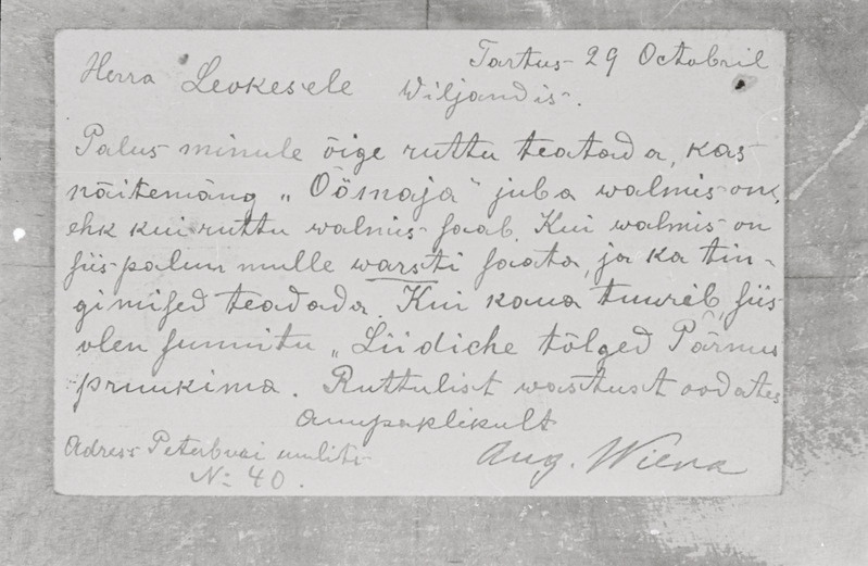 negatiiv, kiri Hans Leoke'sele August Vilva'lt, u 1910