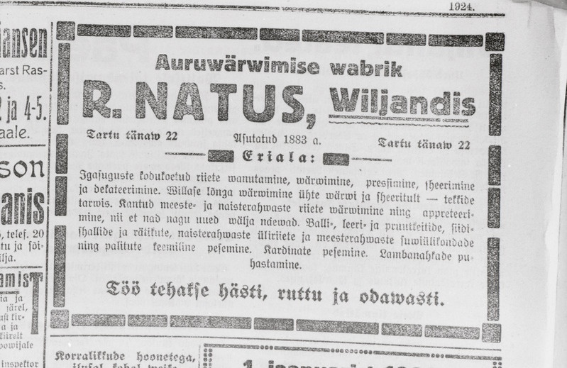 negatiiv, Viljandi, auruvärvimise vabriku kuulutus, 1930ndate algus