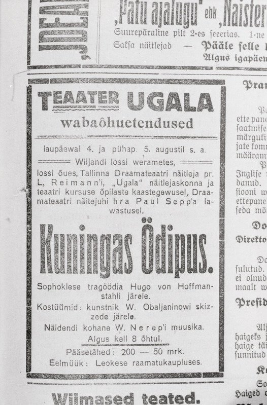 negatiiv, Viljandi, Ugala kuulutus "Kuningas Oidipus", u 1930