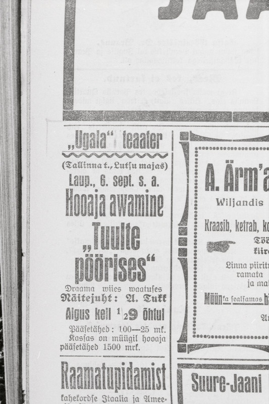 negatiiv, Viljandi, Ugala kuulutus "Tuulte pöörises", 1924