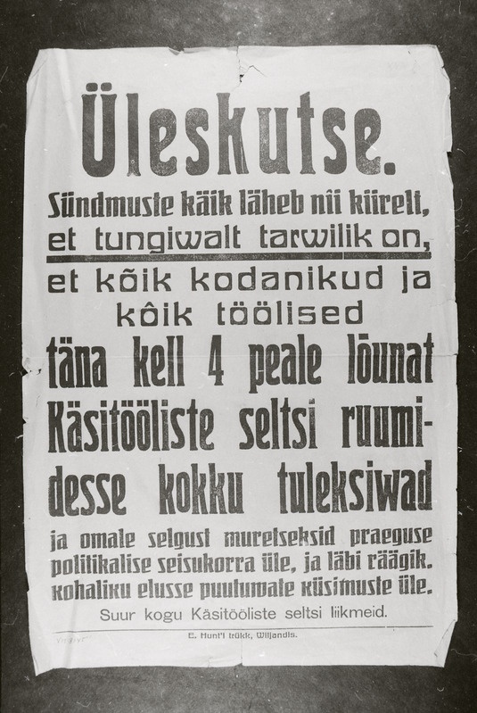 negatiiv, Viljandi, üleskutse töölistele koosolekule tulekuks, 1934?