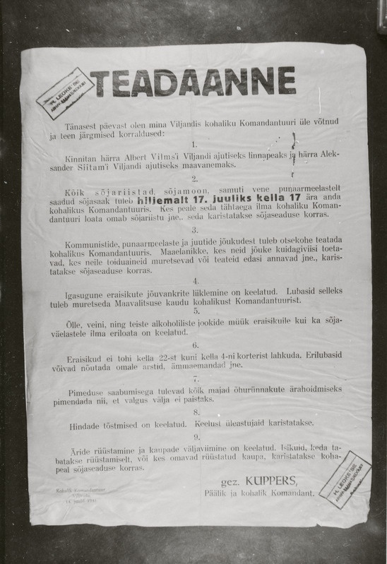 negatiiv, Viljandi komandandi teadaanne, 1941 juuli