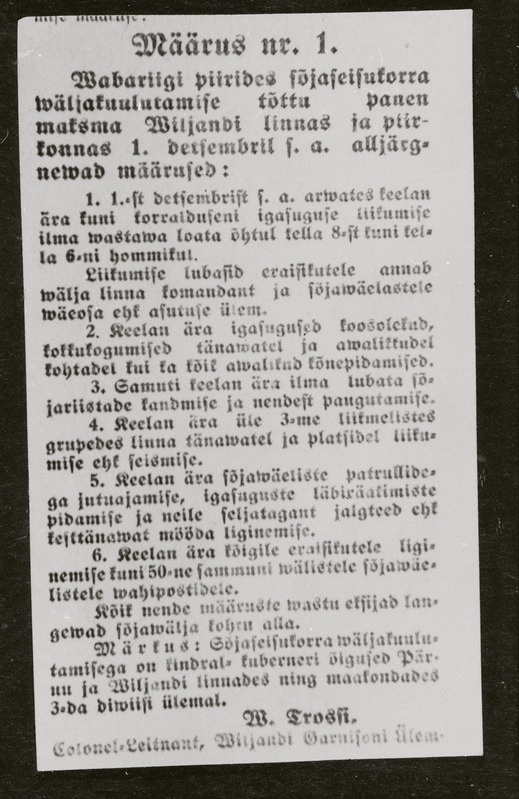 negatiiv, Viljandi garnisoni ülema määrus, 01.12.1924