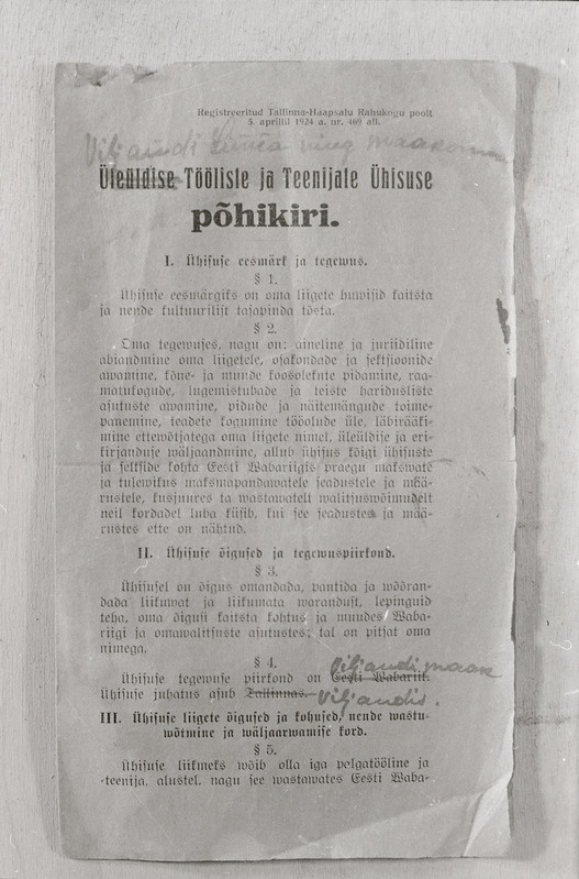 negatiiv, Viljandi linna ja maakonna tööliste ja teenijate ühisuse põhikiri, 05.04.1924