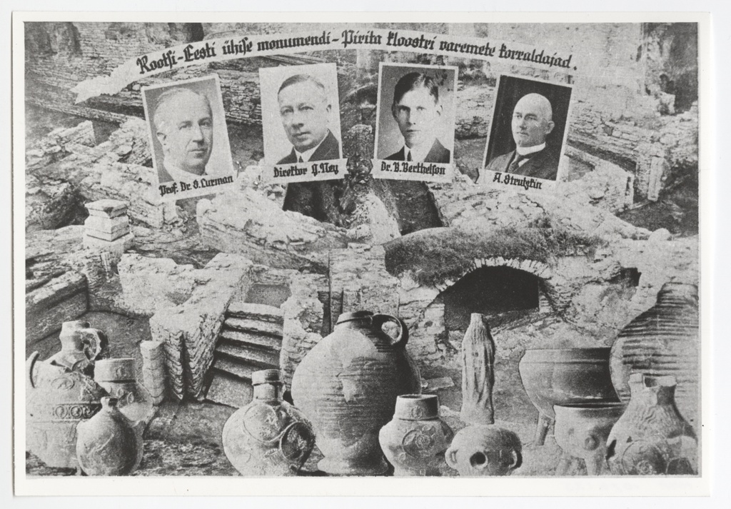 Fotomontaaž 1934.-1935. aasta arheoloogiliste kaevamistööde leidudest ja korraldajatest Pirita kloostris