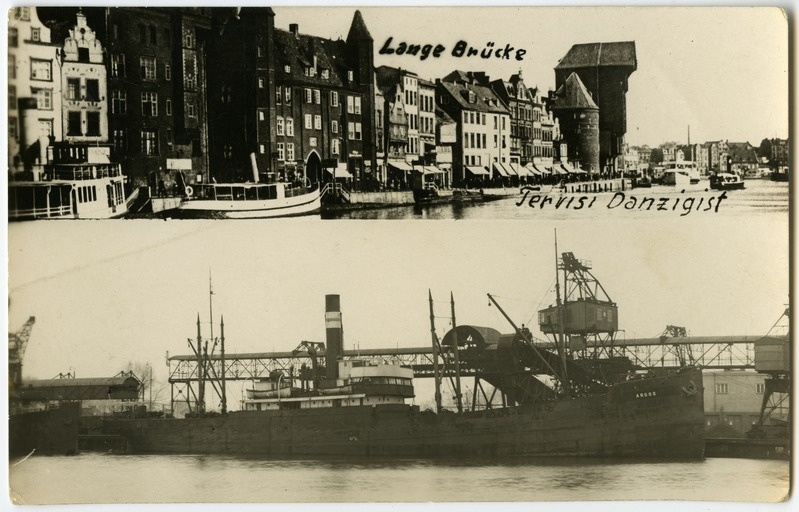 Fotopostkaart "Tervisi Danzigist". Kaart koosneb kahest fotost : ülal sadama- ja linnavaade, alumisel kaubaaurik "Argos" Danzigis