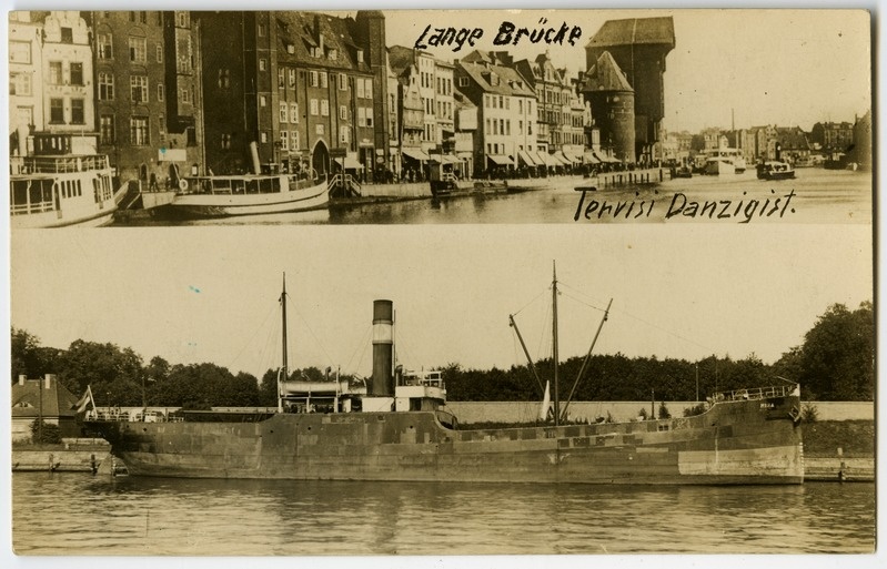Fotopostkaart "Tervisi Danzigist". Kaart koosneb kahest fotost : ülal sadama- ja linnavaade, alumisel kaubaaurik "Mina" Danzigis