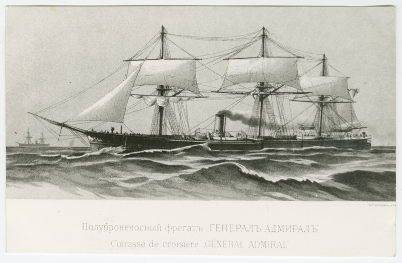 Mustvalge fotokoopia postkaardist: Vene impeeriumi ristleja "Kindral Admiral".