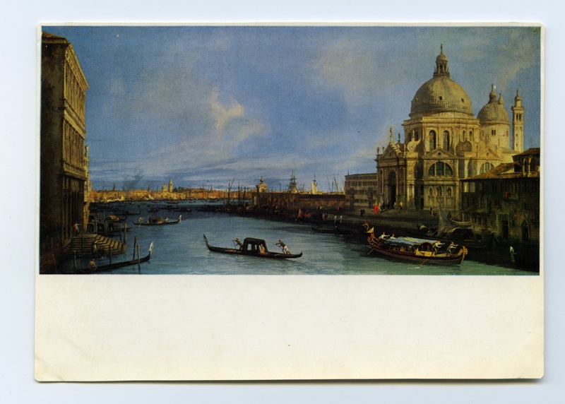 Fotopostkaart. Itaalia. Veneetsia.
Postkaart Canaletto (Antonio Canal, 1697-1768) Berliini Riigimuuseumis asuvast maalist vaatega barokkstiilis Santa Maria della Salute kirikule ning selle lähiümbrusele Veneetsias