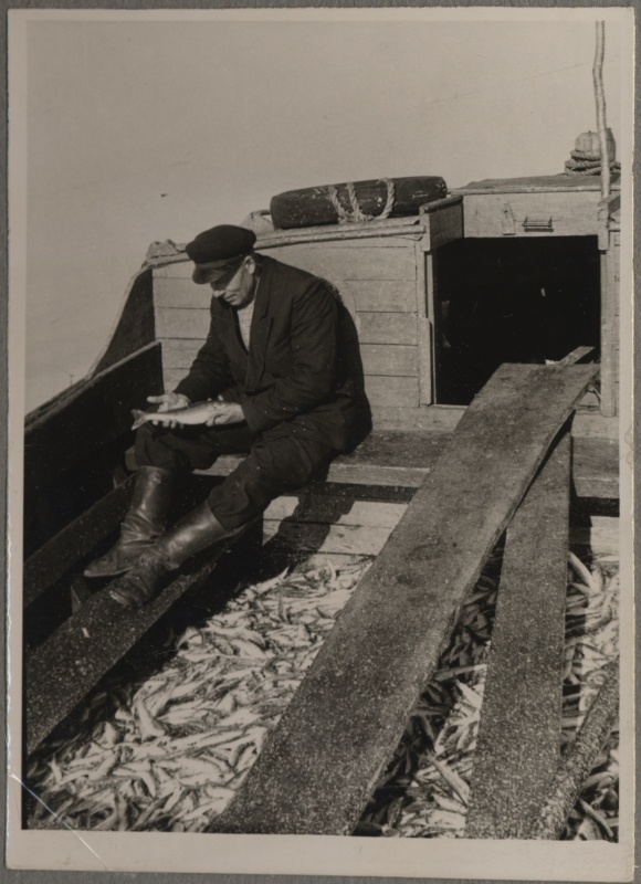 Haapsalu Kalakaitse Inspektsioon.  Mees istumas kaladega täidetud kalalaevas, kala käte vahel.