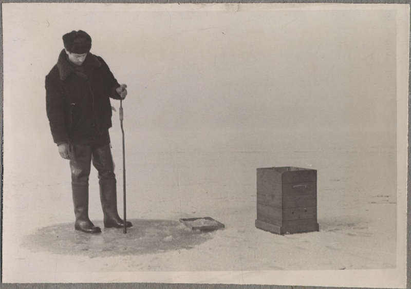 Haapsalu Kalakaitse Inspektsiooni töödest. Mees jääpuuriga merejääl. Tema kõrval puidust kast.