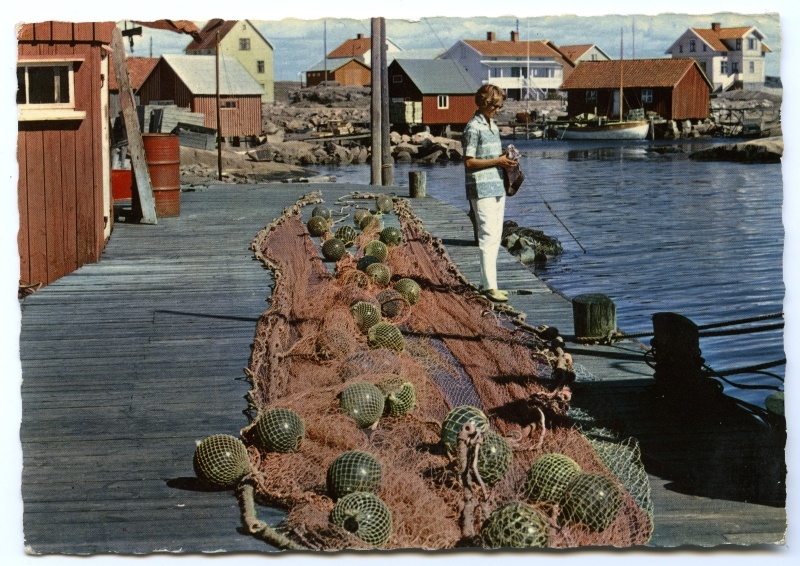 Bohusläni vaade. Ujukitega kalavõrgud kail kuivamas