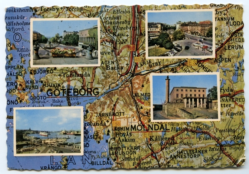 4-väljaline postkaart Göteborgist piirkonna ümbruse kaardil