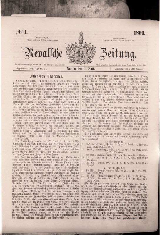 Ajelehe "Revalsche Zeitung" esikülg 1860. aastast.