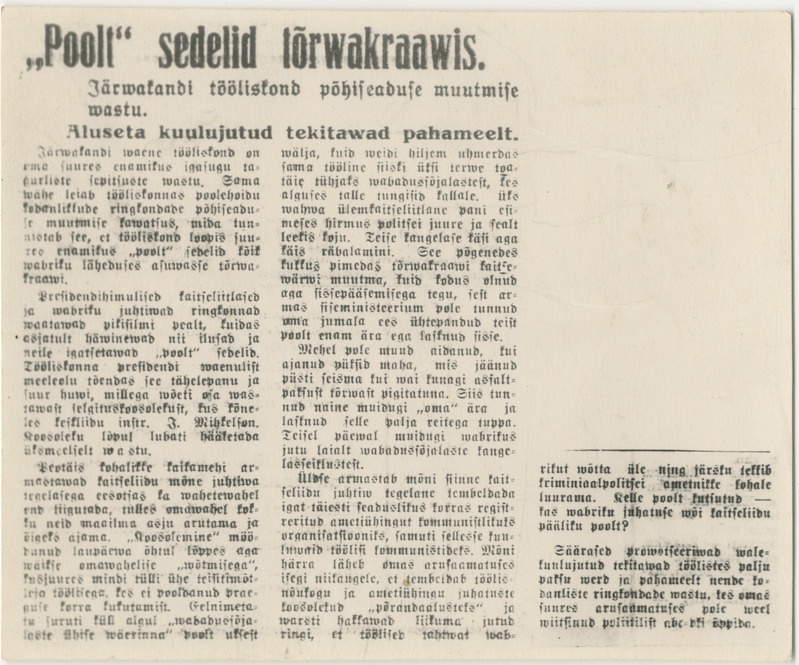 Foto. Fotokoopia. Artikkel ""Poolt"sedelid tõrvakraavis"