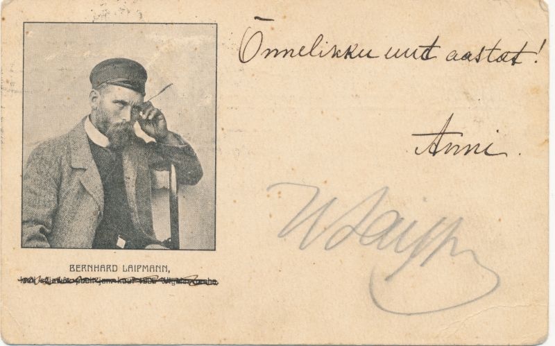 Postkaart. Bernhard Laipmann'i portreega. Ants ja Anni Laipmanni uusaastaõnnitlus. 1908.