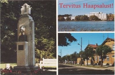 Postkaart. 3 Haapsalu vaadet - Tobiase monument, Laine ja Posti tänav. Värviline. Haapsalu. 1990, Soome.  duplicate photo