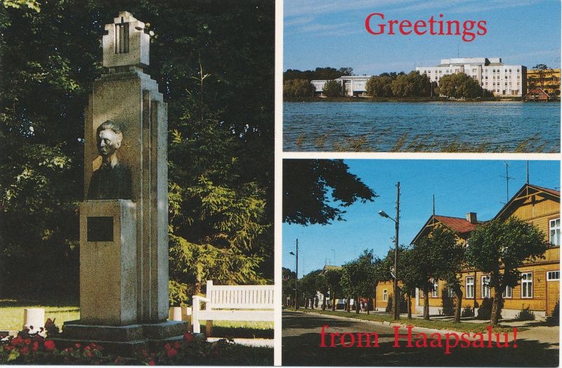 Postkaart. 3 Haapsalu vaadet - Tobiase monument, Laine ja Posti tänav. Värviline. Haapsalu. 1990, Soome.
