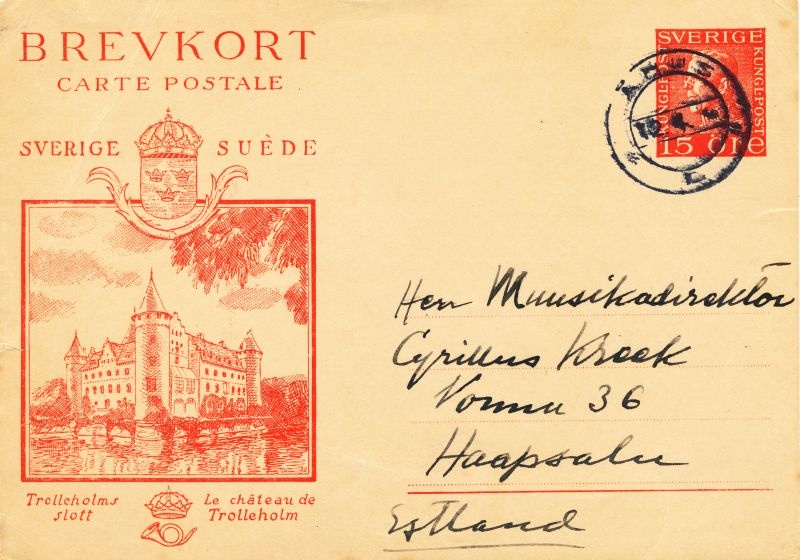 Postkaart Cyrillus Kreegile Olof Anderssonilt 13.04.1923, rootsi keeles