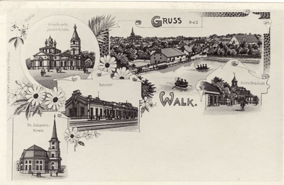 Valga vaated. Isidori kirik, Jaani kirik, jaamahoone, vaade Veskijärvelt linnale, raekoda  duplicate photo