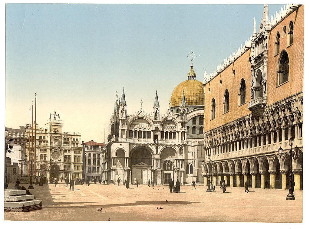 [clock tower, St. Mark's, and Doges' Palace, Piazzetta di San Marco, Venice, Italy] (Loc)