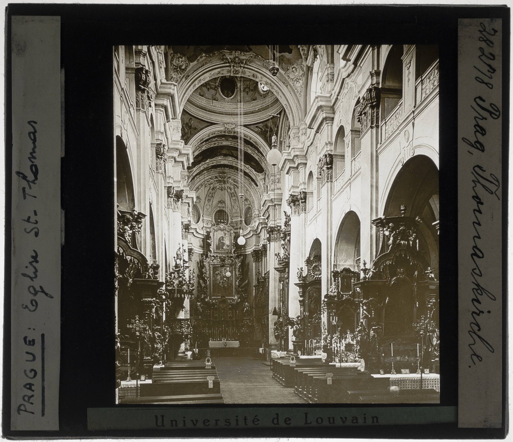 Praha. St. Thomas church Interior: Ship - KU Leuven. Glass slides art history. Université de Louvain, between 1839 and 1939. Photographer unknown. Added information on slide. Creation/Building: 14th-18th century. Current location: Česko, Praha, Kostel svatého Tomáše. EuroPhot. Art History. Various periods. Architecture. Building. EuroPhot. Art history. Various periods. Architecture. Building.