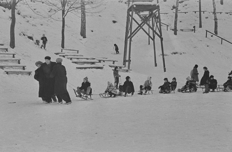 Tartu ülikooli ametiühingu komitee üritused lastele. Vastlapäev. Kelgutamine, saanisõit. Veebruar 1960. a.