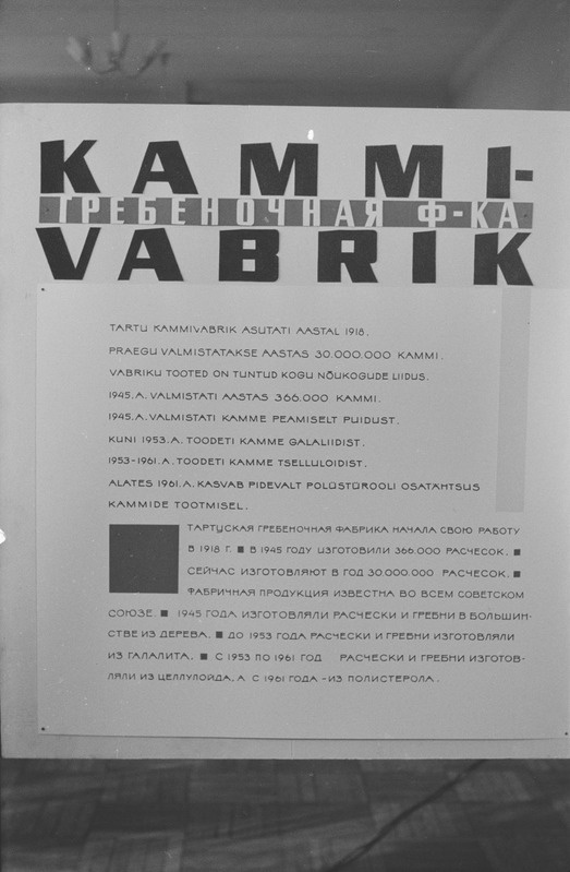 Näitus "Tartu tööstus" Tartu raudteelaste klubis. Tartu ülikooli NSV Liidu ajaloo kateeder. 16. oktoober 1964. a.