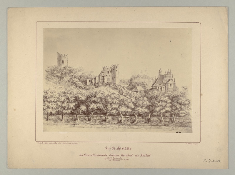 Joonistus. Amalia von Reinthal. Johann Reinhold von Patkuli hukkamispaik.